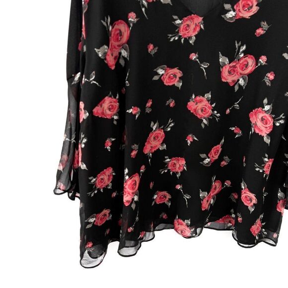 Lane Bryant Black Red Rose Floral Print Semi Sheer Ruffle Sleeve Top 26/28 - Picture 4 of 7